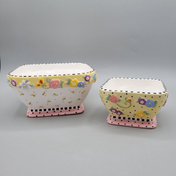 Mary Engelbreit Meadow Hand Painted Ceramic Floral Bowls Set of 2 - Picture 1 of 9